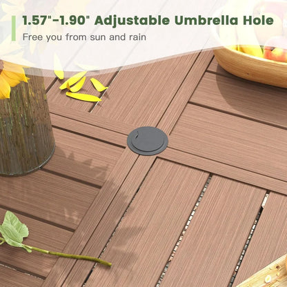 Outdoor Patio Round Dining Table for 6, 49.9" x 49.9" Metal Sleek Slat Dining Table with Umbrella Hole for Lawn Garden Deck Back