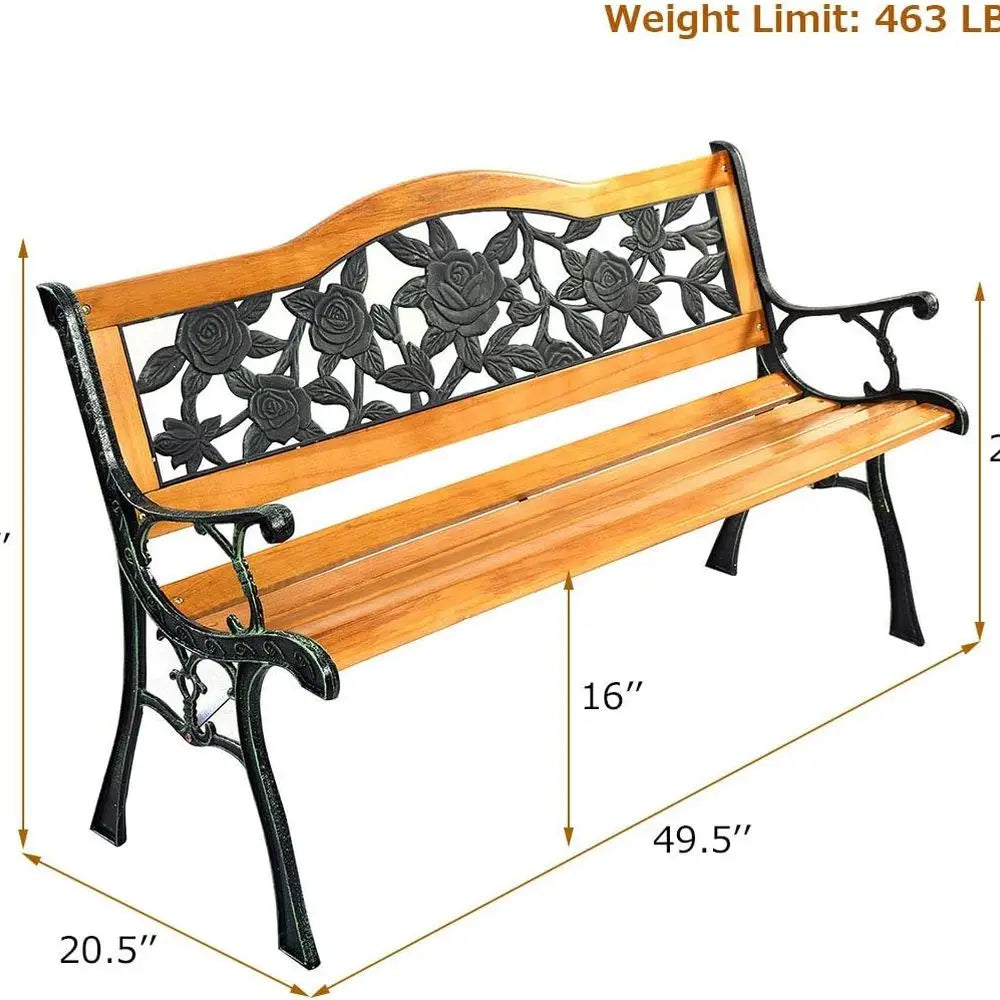 50 Inch Patio Bench, Outdoor Furniture Rose Cast Iron Hardwood Frame Porch Loveseat, Weather Proof Porch Path Chair for 2 Person