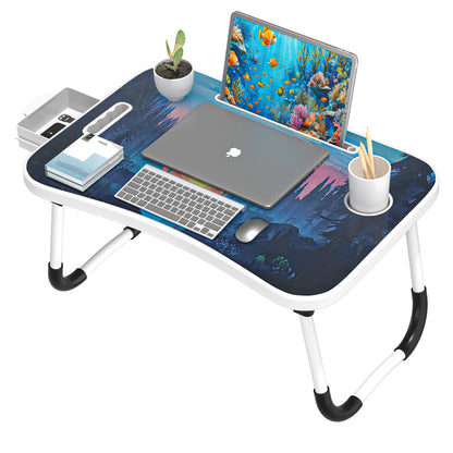 Extra-large multifunctional folding desk, portable wooden laptop bed desk with cup holder
