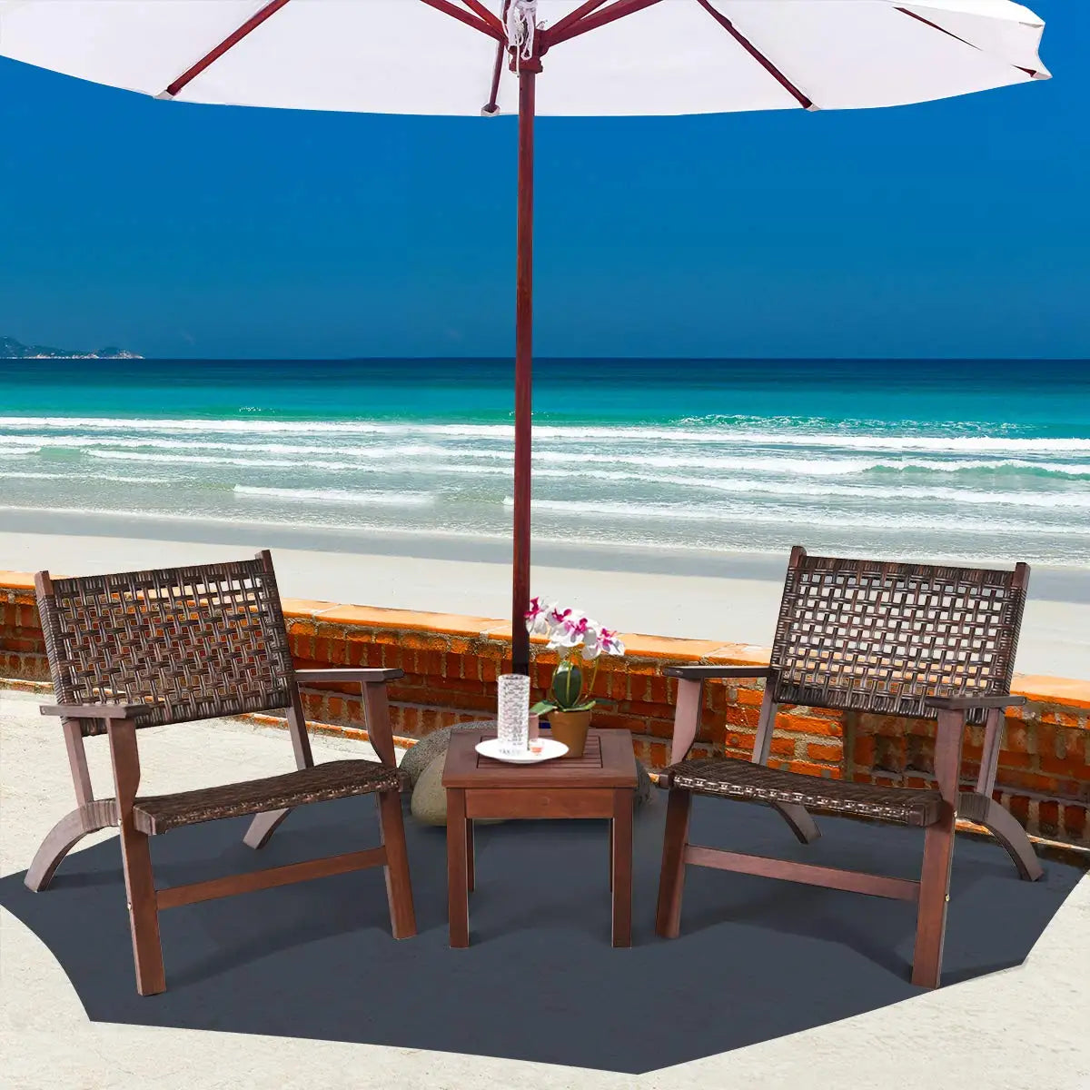 3 Pieces Solid Eucalyptus Wood Frame Outdoor Wicker Furniture Bistro Set with Coffee Table, Rattan Furniture