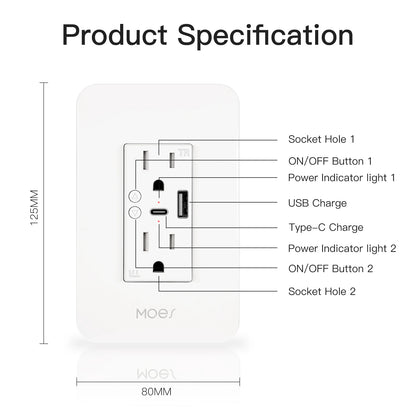 WiFi Smart Power Wall Socket with Type C USB Dual Power Outlets