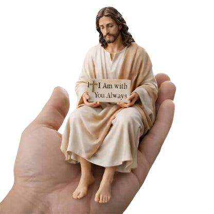 Jesus Resin Desk Companion Figurine with I Am with You Always Sign Jesus Statue for Car Dashboard Home Office Table Decor