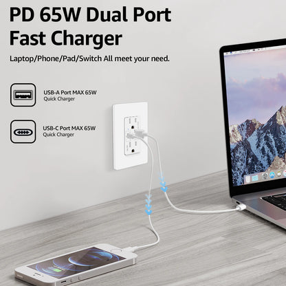 65W Type C Outlet Fast Charging USB-C Charger and 15 Amp Receptacle Plug