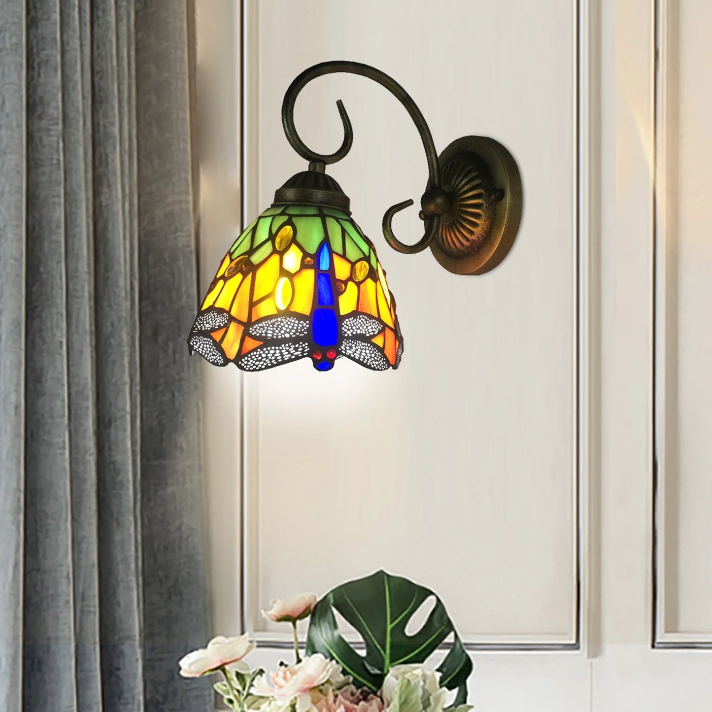Stained Glass Wall Light, Retro Dragonfly Design With E27 Bulb Holder, Iron & Multicolor Glass Sconce