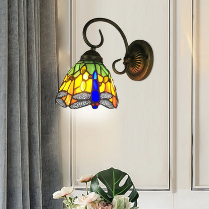 Stained Glass Wall Light, Retro Dragonfly Design With E27 Bulb Holder, Iron & Multicolor Glass Sconce