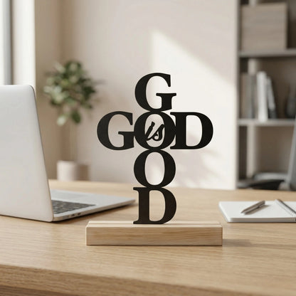 God Is God Cross Table Decor | Christian Metal Art with Wooden Base | Religious Tabletop Sign for Home, Office