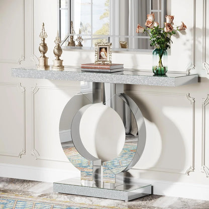 Mirror finished Console Table with O-Shaped Base, Great Entryway Table or Glass Sofa Table
