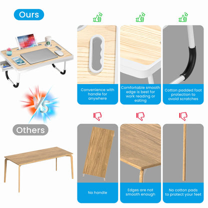 Extra-large multifunctional folding desk, portable wooden laptop bed desk with cup holder