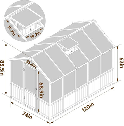 6x10 FT Green House for Outdoor, 6MM Thick Polycarbonate Panel Wooden Walk-in Greenhouse Kit with Lockable Door