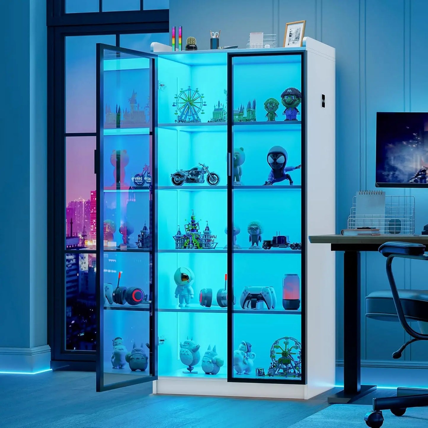 5 Tier Display Cabinet for Living Room, LED Bookcase with Human Body Induction Lights, 65” Tall Curio Cabinet