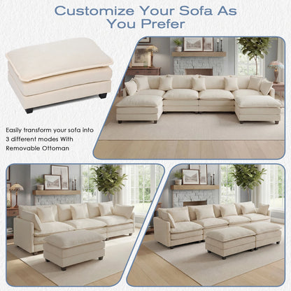 Redlife 113.4" Modular Sectional Sofa with Ottoman, Comfy Cloud Couch with Deep Seat (23.6" D), Solid Wood Frame, for Living Room