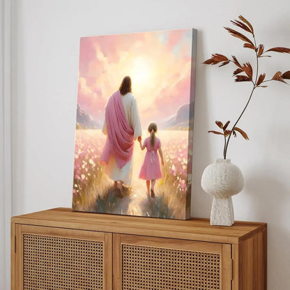 Jesus & Girl Walking Canvas Art - Christian Wall Decor with "The Way He Leads" Concept, "I Will Walk with Christ" Poster Print