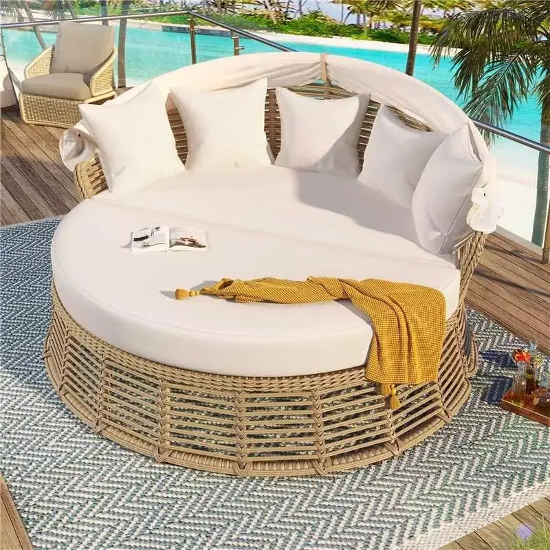 Round Outdoor Patio Rattan Daybed with Retractable Canopy Wicker Furniture Round Poolside Sofa Sunbed with Removable Cushions