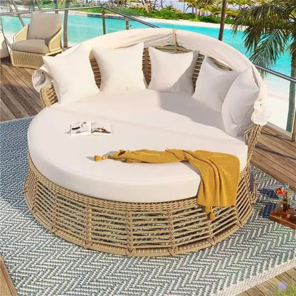 Round Outdoor Patio Rattan Daybed with Retractable Canopy Wicker Furniture Round Poolside Sofa Sunbed with Removable Cushions
