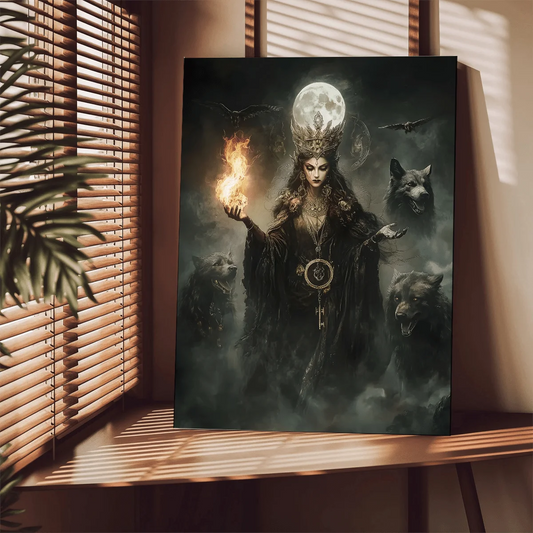 Dark Gothic Fantasy Hecate Canvas - Pagan Magic Goddess Poster Waterproof Wall Art, Oil Painting Style, Gift