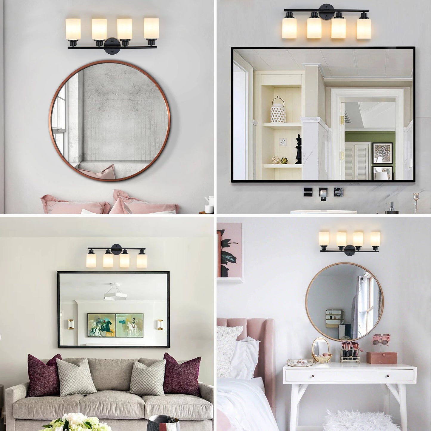 Modern 4/5/6 Vanity Bathroom Mirror Lights, With Frosted White Glass Lampshades and Black Iron Frame