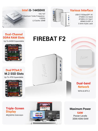 Firebat F2 Mini PC Intel Core i5-14450HX 10-Core 16-Thread Windows 11 16GB DDR4 RAM 512GB PCIe SSD WiFi 6 BT5.2 Triple Display