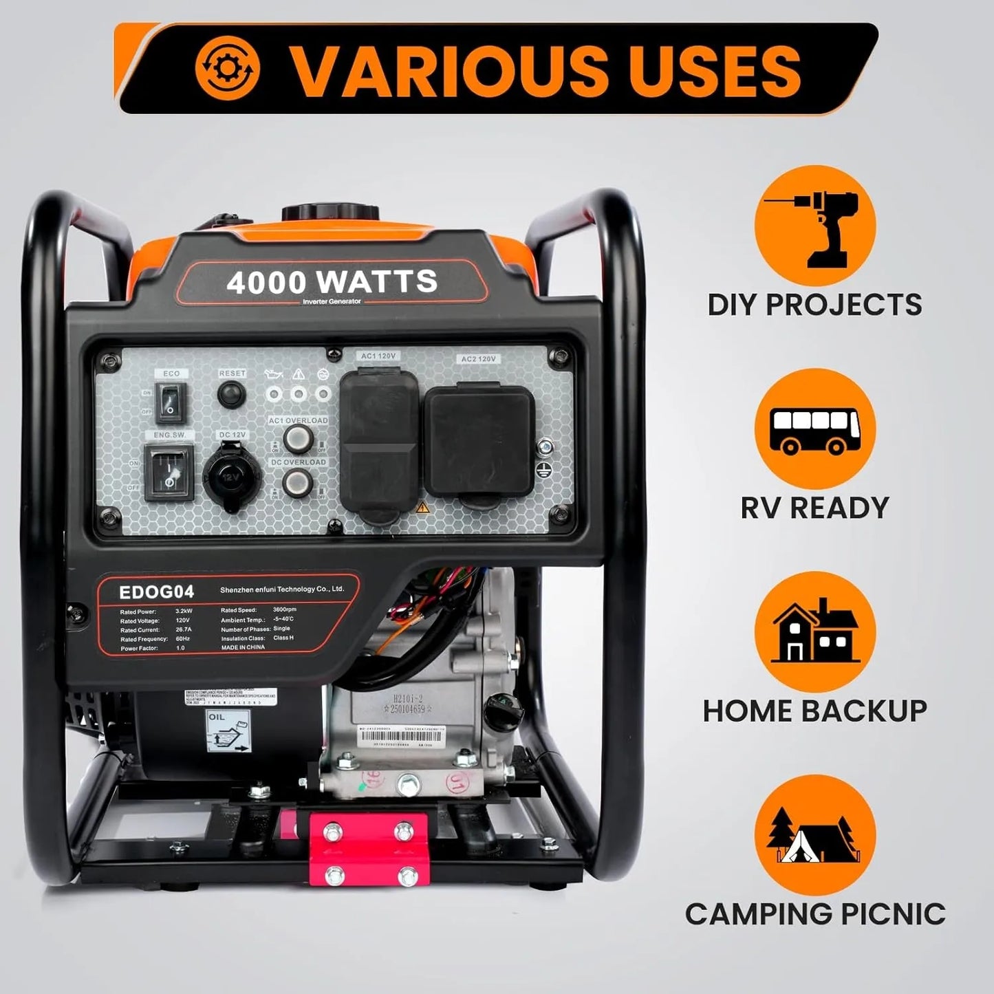 4000 Watt Generators Portable Gas Generator Inverter Quiet for Home and Camping