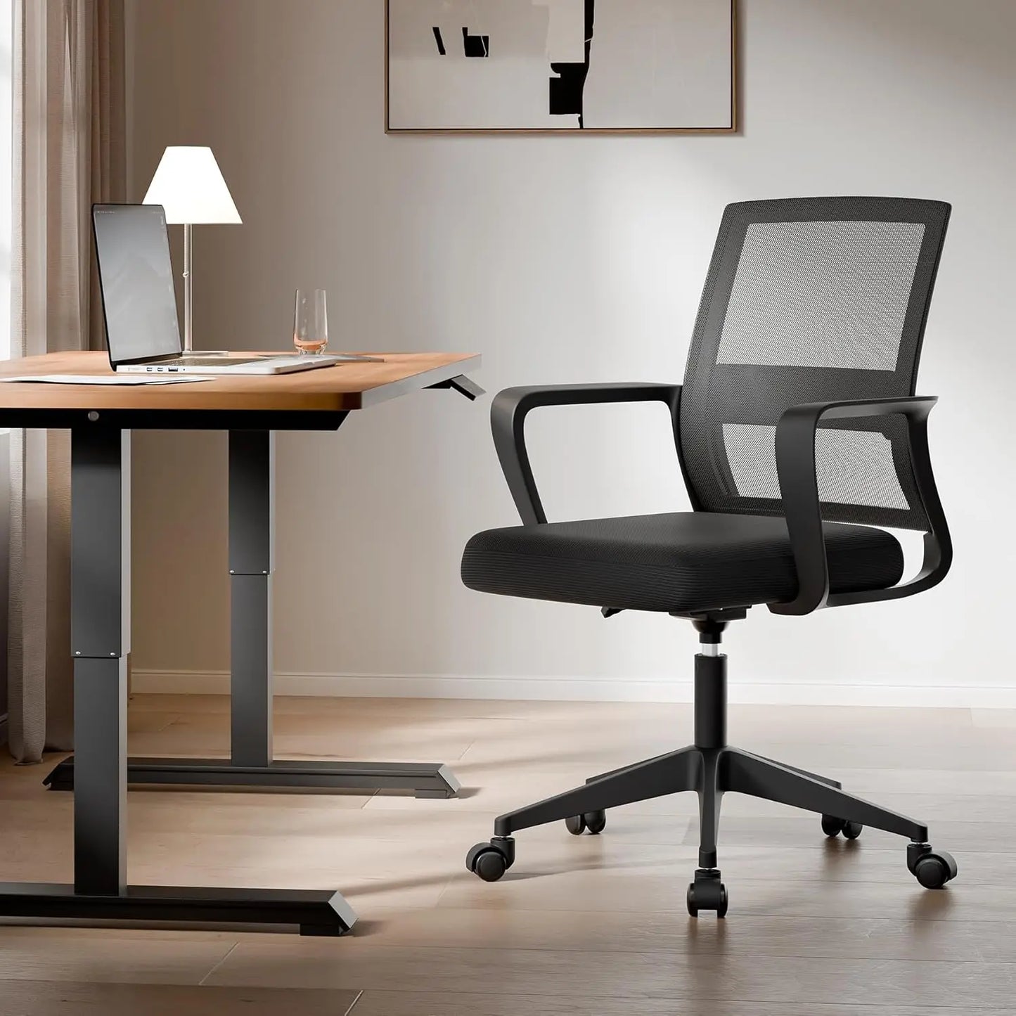 Mid-Back Upholstery and Mesh Office Chair Black Height-Adjustable Armrests