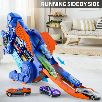 Blue Track Set Devour Dinosaur Transporter Truck With 10 Die-Cast Car Toys
