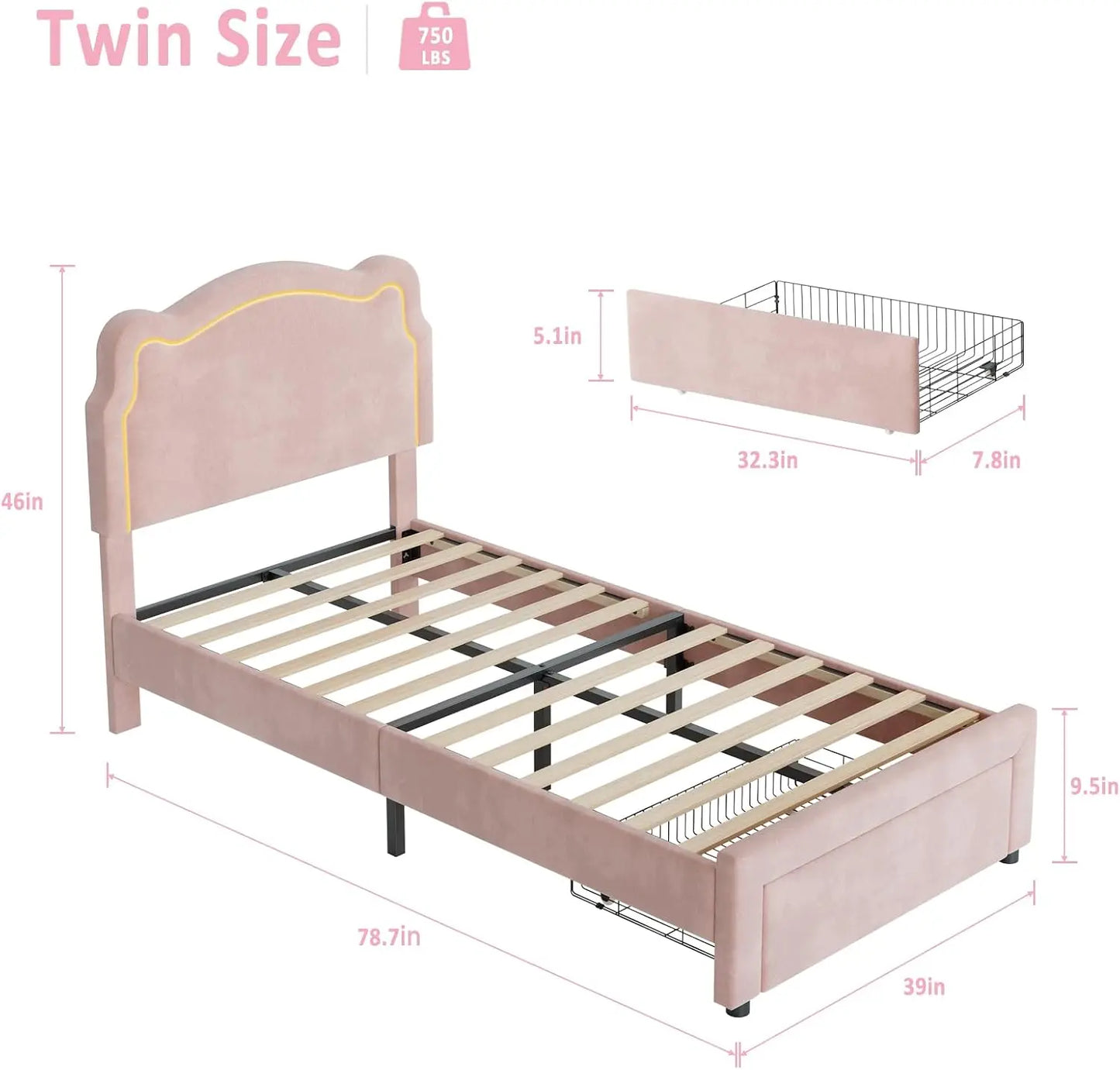 Twin Size Upholstered Princess Bed Frame with Bear-Shaped RGB LED Headboard and Storage Drawer