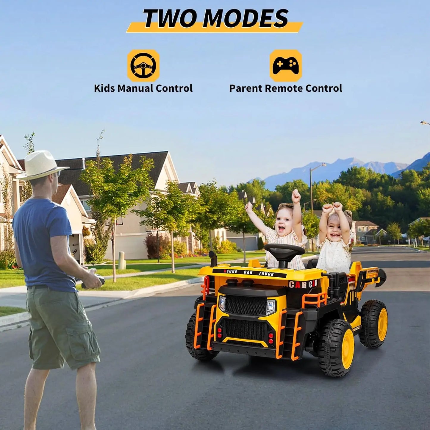 24v Ride on Dump Truck with Remote Control and Extra Shovel, 3 Speeds, Music, Safety Belt
