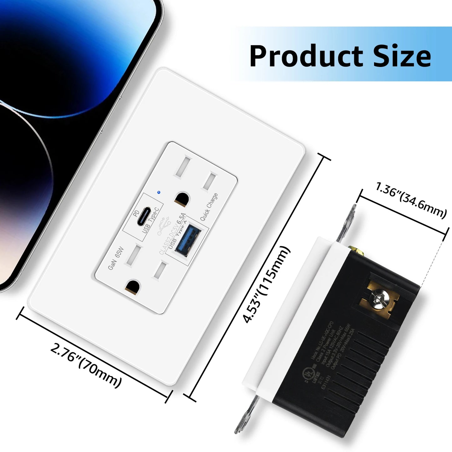 65W Type C Outlet Fast Charging USB-C Charger and 15 Amp Receptacle Plug