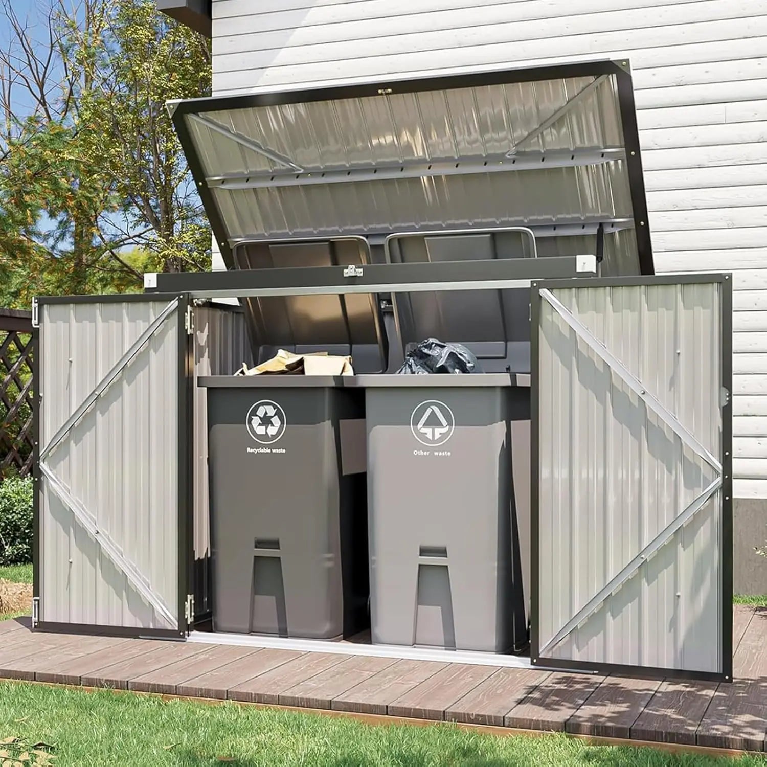 80 cu. ft. Metal Outdoor Storage Shed with Chain Lid Waterproof Garbage Can Organizer for 2 Bins Toys Garden Tools, Customized