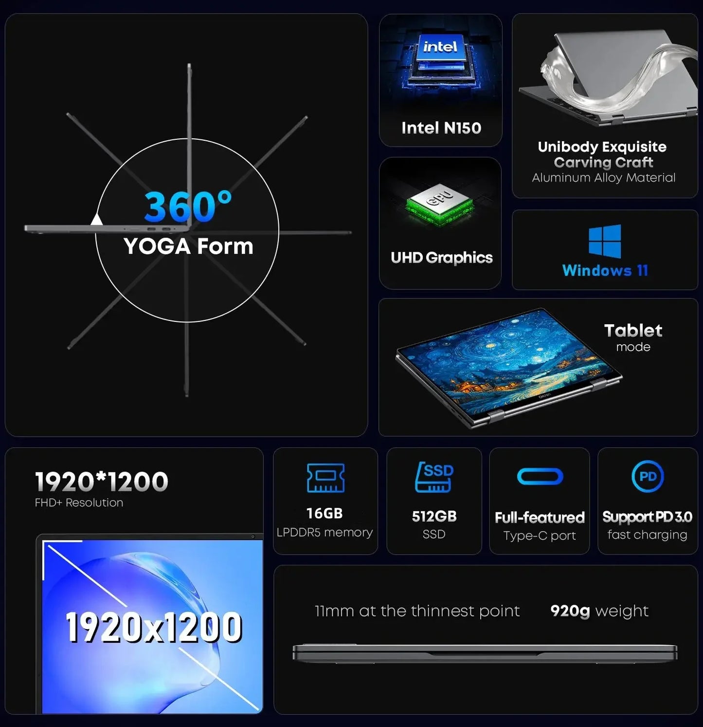 Mini-Book X 2 in 1 Laptop Intel N150(up to 3.6GHz) 512GB ROM 16GB LPDDR5 10.51" 1200x1920 FHD IPS Windows 11 Notebook