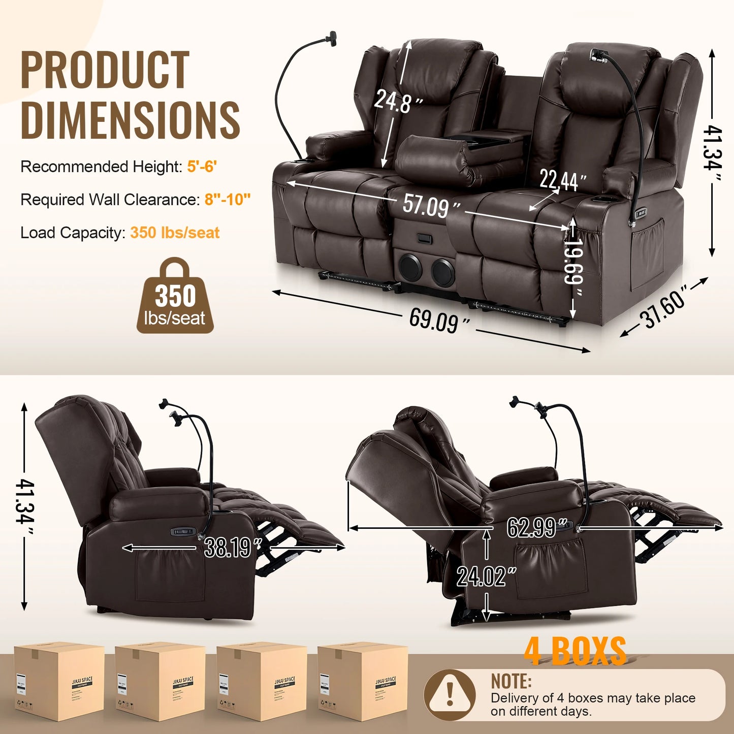Electric Recliner Loveseat for Seniors, Massage & Heat, Dual Motor, 350LBS Capacity, Cat-Claw Leather, For Living Room