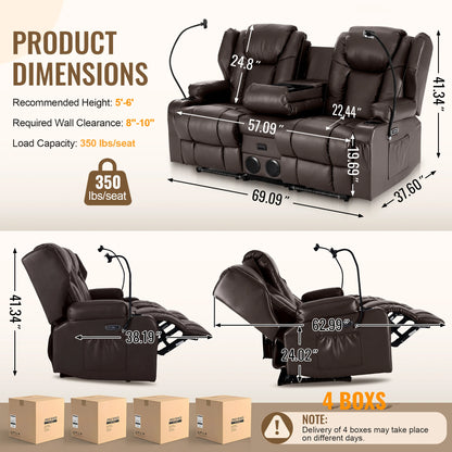 Electric Recliner Loveseat for Seniors, Massage & Heat, Dual Motor, 350LBS Capacity, Cat-Claw Leather, For Living Room