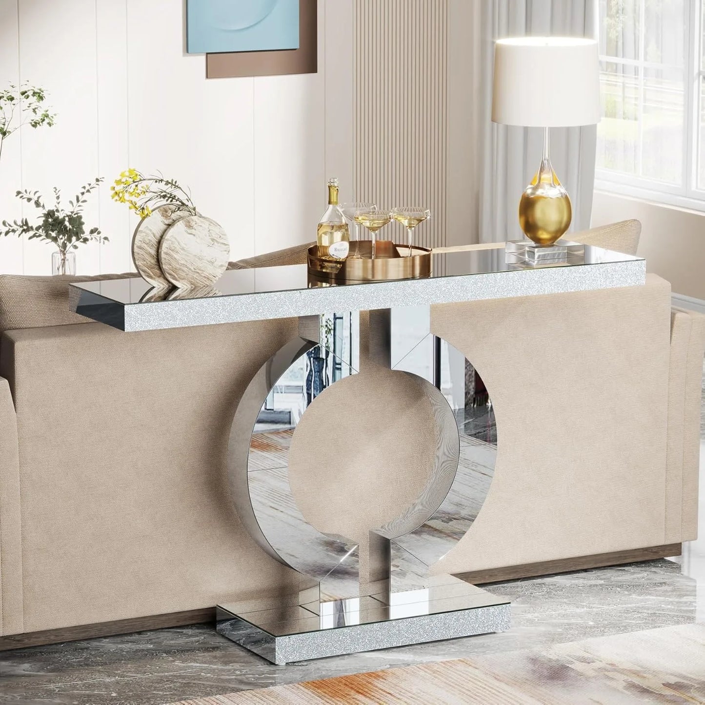 Mirror finished Console Table with O-Shaped Base, Great Entryway Table or Glass Sofa Table