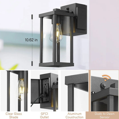Porch Light With GFCI Outlet, Dusk To Dawn Illumination Outdoor For House, Patio, Garage, Hallway, etc.