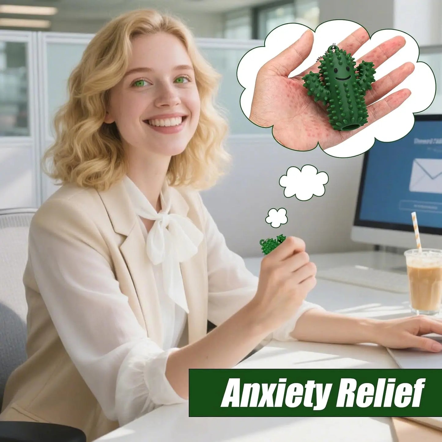 Silicone Cactus Pain Fidget Toy for Adults - Stress Relief Sensory Keychain, Green Novelty Gift