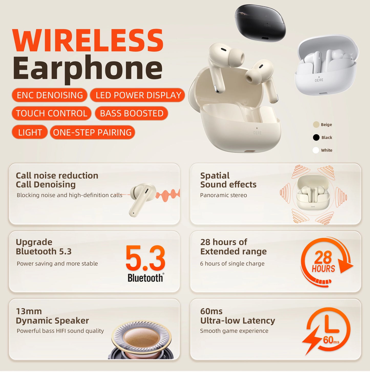Wireless Bluetooth 5.3, HD Microphone, HIFI Earphones