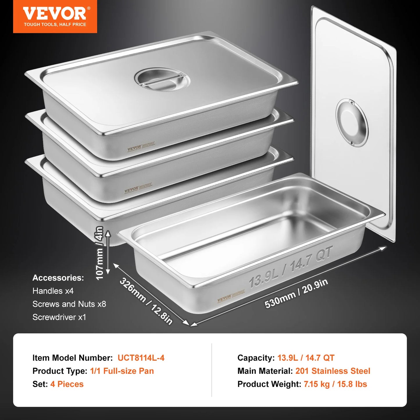 4Pack Hotel Pans Full Size Anti-Jam Steam Pan with Lid Stainless Steel Steam Table Pan 4-Inch Deep