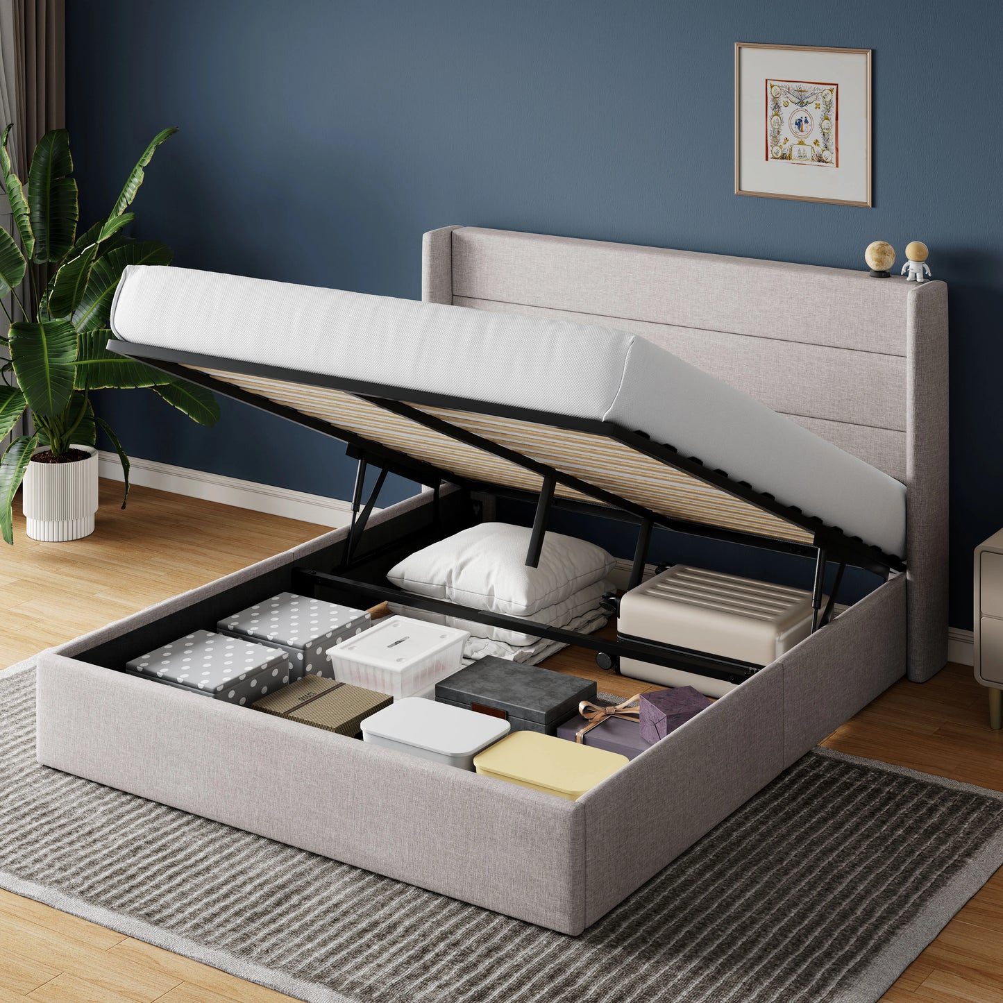 Heavy-Duty Hydraulic Lift Up Storage Bed with Wingback Headboard