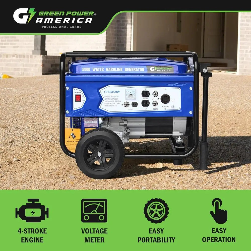 5000W Portable Gas Generator - Manual Start, Ideal for Backup Power, Home, Job Sites, Camping, EPA Approved