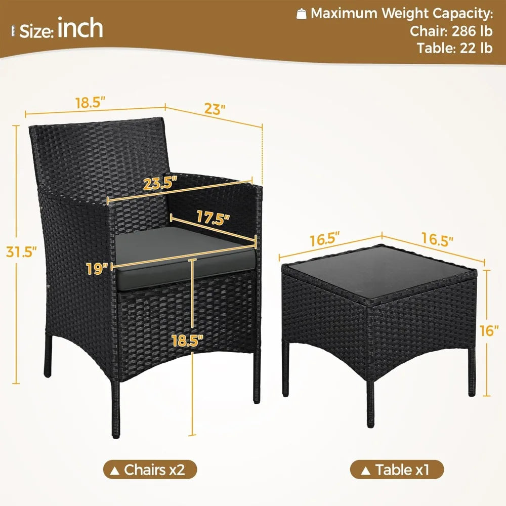 3 Pieces Patio Porch Furniture Set, Outdoor PE Rattan Wicker Conversation Set with Soft Cushions, Glass Coffee Table