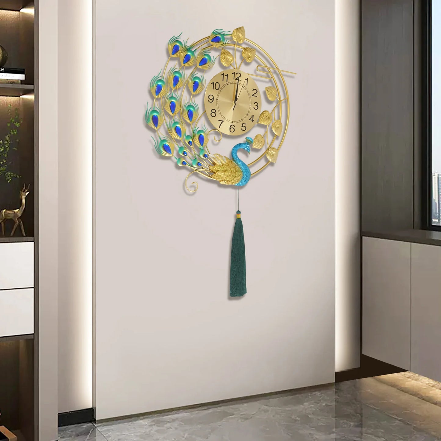Peacock Metal Wall Clock, Gold Blue Wall-mounted Silent Art Wall Clock 58*100cm for Decoration Bedrooms