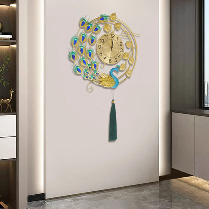 Peacock Metal Wall Clock, Gold Blue Wall-mounted Silent Art Wall Clock 58*100cm for Decoration Bedrooms