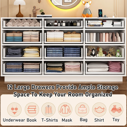 63 inch, 12 Drawer Dresser for Bedroom with Power Outlets & LED Lights