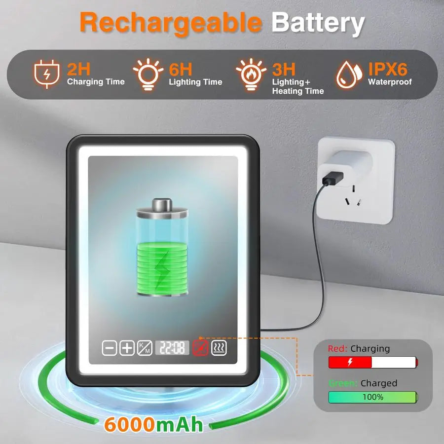 LED Heated Rechargeable Fogless Mirror for Shower with Digital Clock and Storage Tray