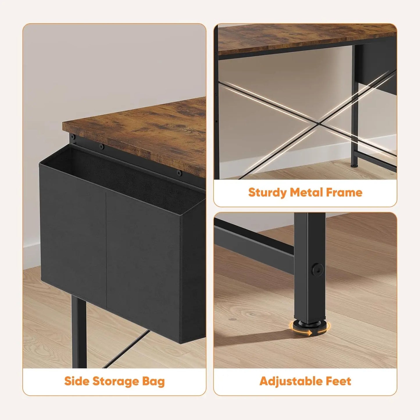 L-Shaped Corner Desk with Storage Shelf, Adjustable Feet for Dual Monitors, Brown Wood Office Table