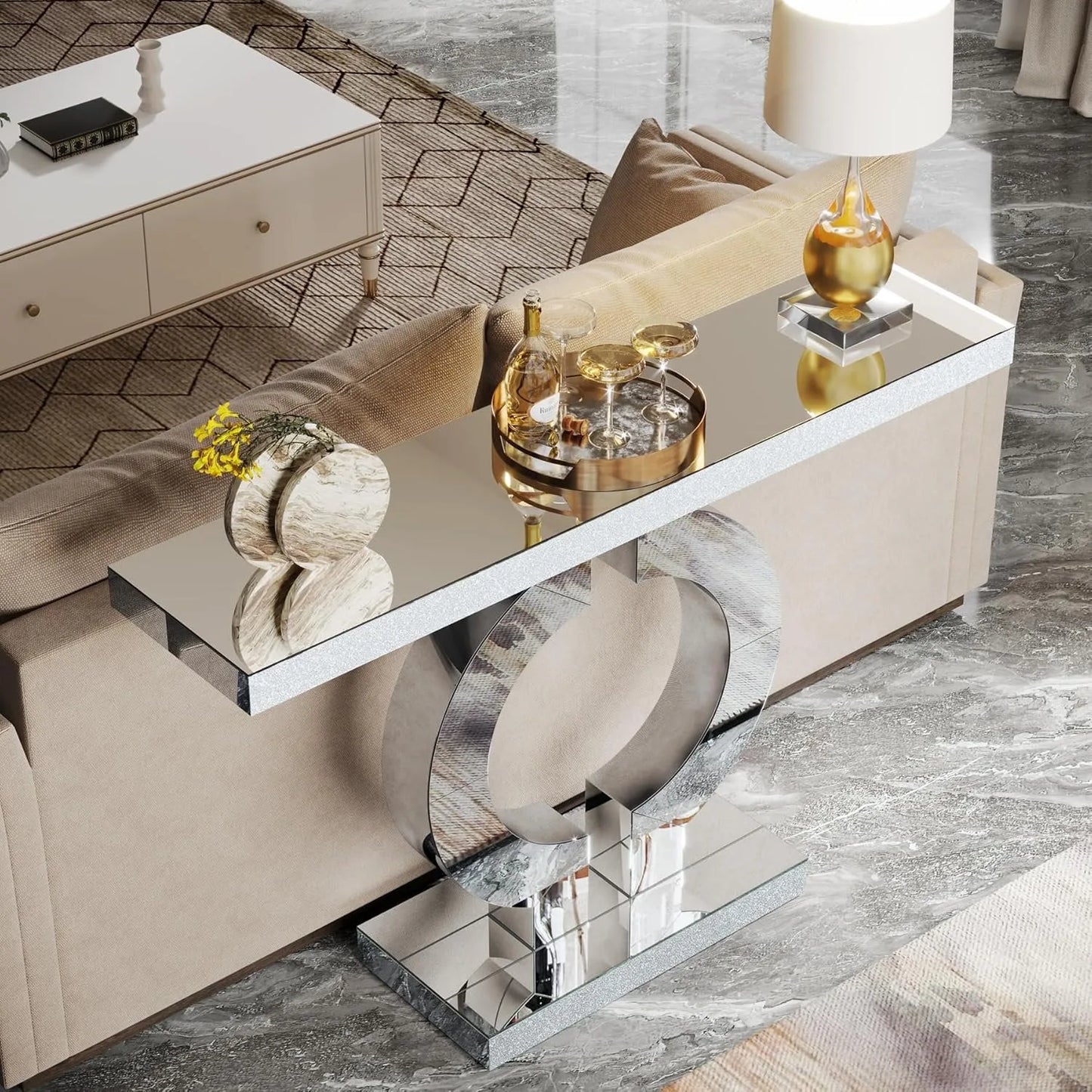 Mirror finished Console Table with O-Shaped Base, Great Entryway Table or Glass Sofa Table