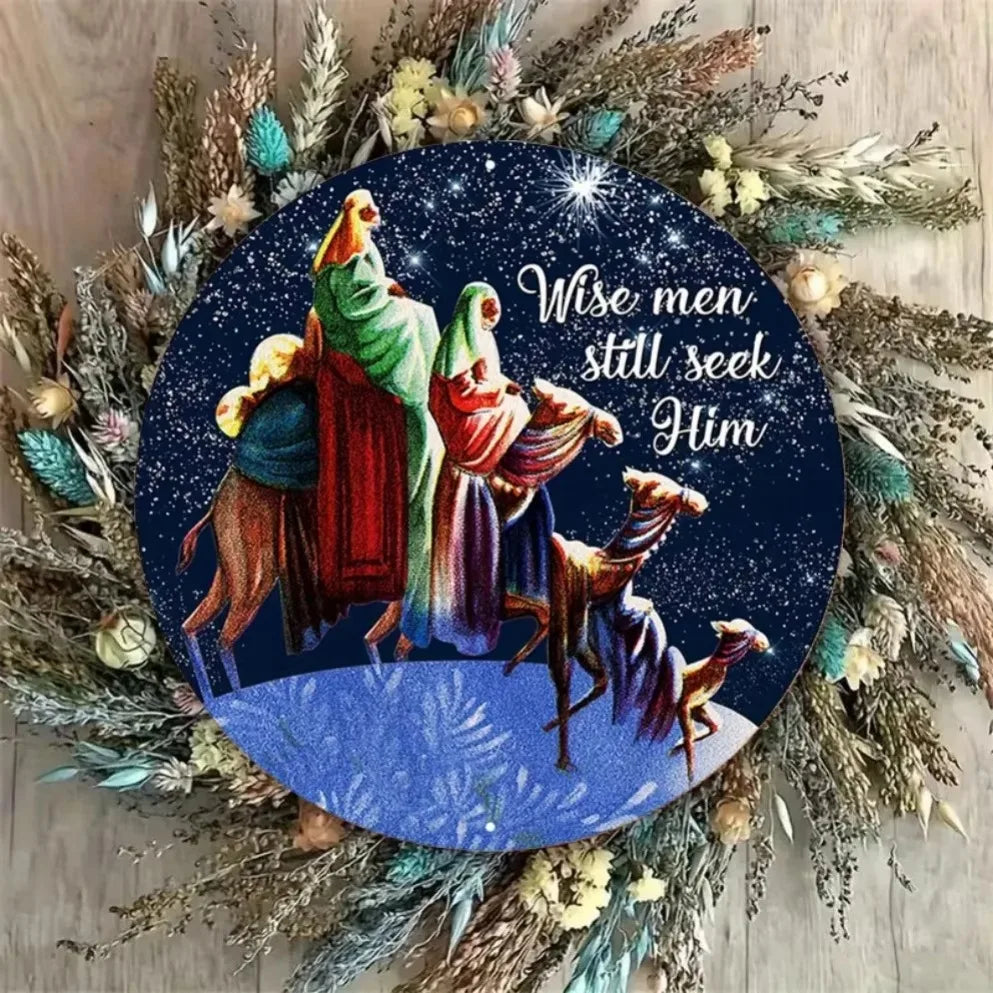1PC Round Nativity Scene Metal Wall Art -2D "Wise Men Still Seek Him" for Home, Office and Church