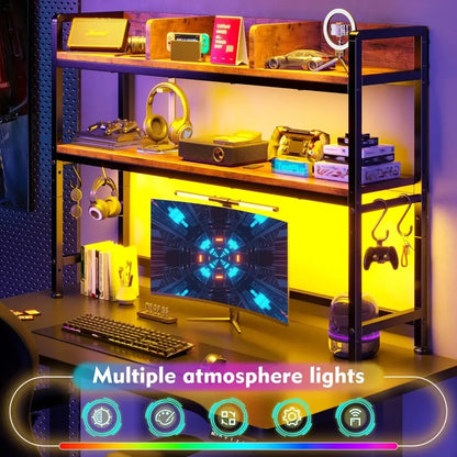 45.2" Desk Shelf with LED Lights and Hooks, 2-Tier Adjustable Multipurpose Solid Wood Desk Hutch Dorm, Desktop