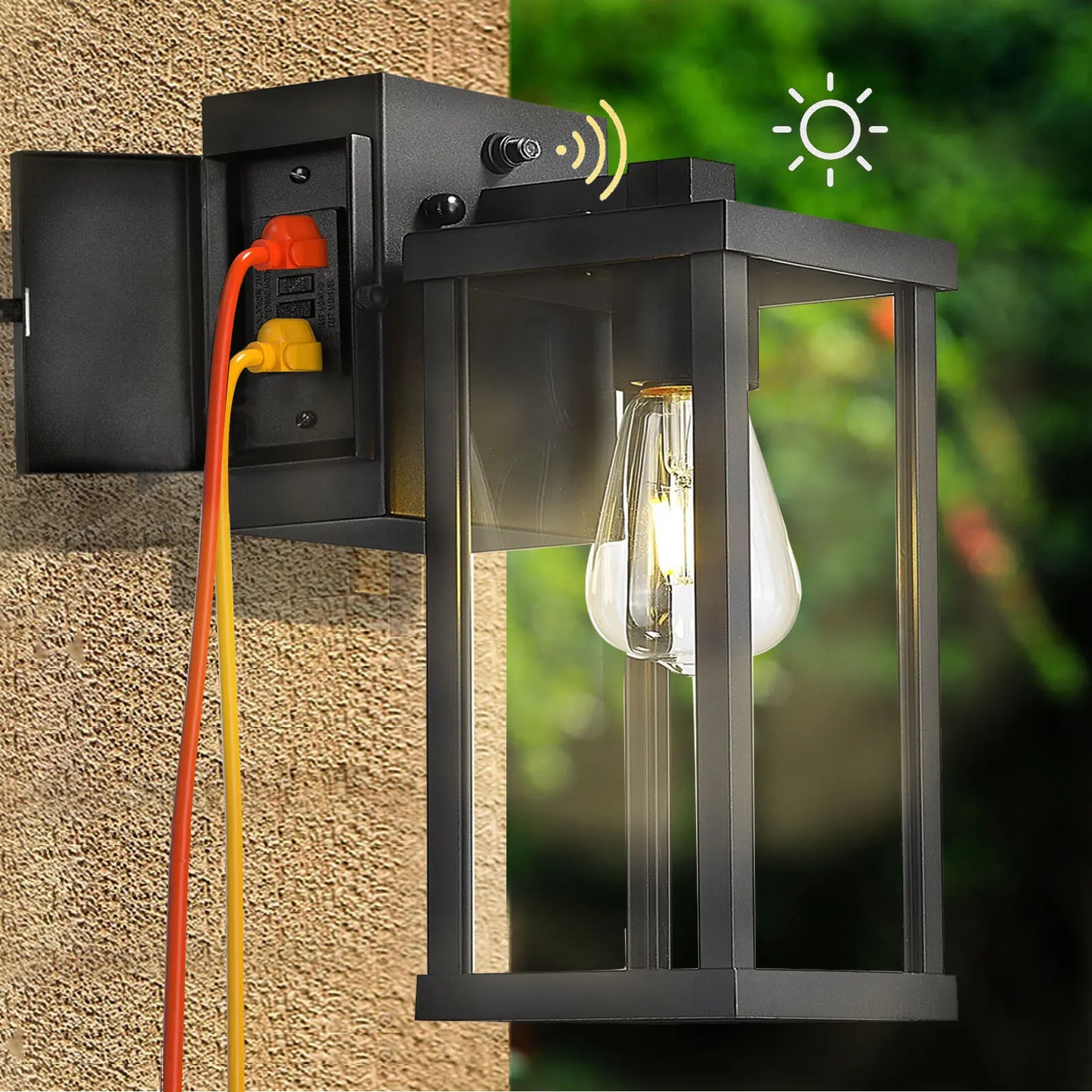 Porch Light With GFCI Outlet, Dusk To Dawn Illumination Outdoor For House, Patio, Garage, Hallway, etc.