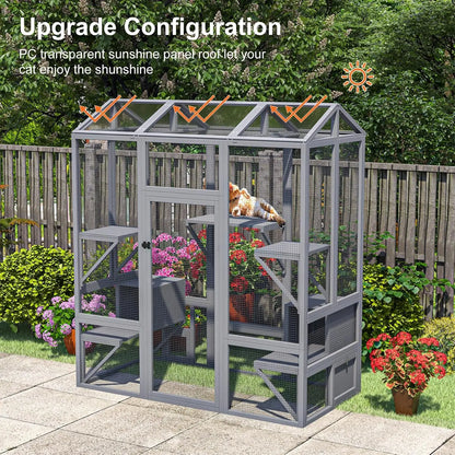Catio Outdoor Cat Enclosure, Large Cat House for Multiple Cats Walk in Cat Cage with Waterproof Cover and Sunshine Panel Roof