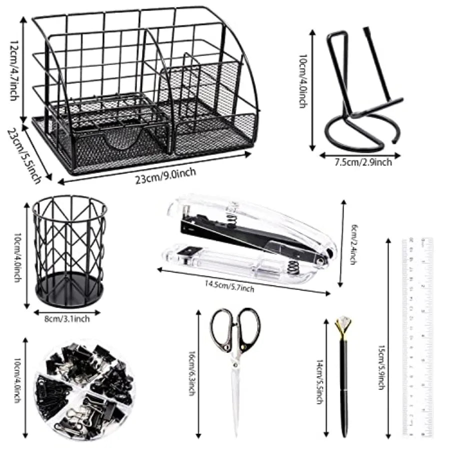 Black Desk Organizer and Accessories Office Set Stapler, Pen Holder, Phone Holder, Scissors, Pen, Ruler, 30 Paper Clips